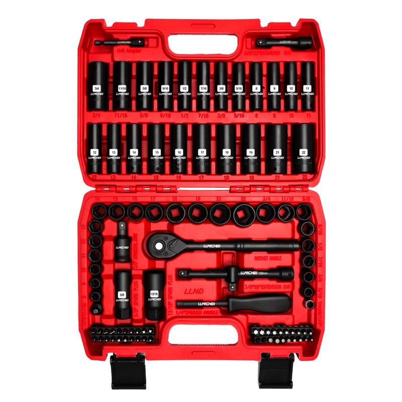 LLNDEI 3/8?rive Impact Socket Set Standard SAE(5/16 to 3/4-Inch) Metric Size(8-22mm)  95 Piece  CR-V Steel Deep&Shallow Kit  Adapters  Ratchet Handle  Screwdriver Bit Set  Spark Plug Socket  6 Point - Image 1